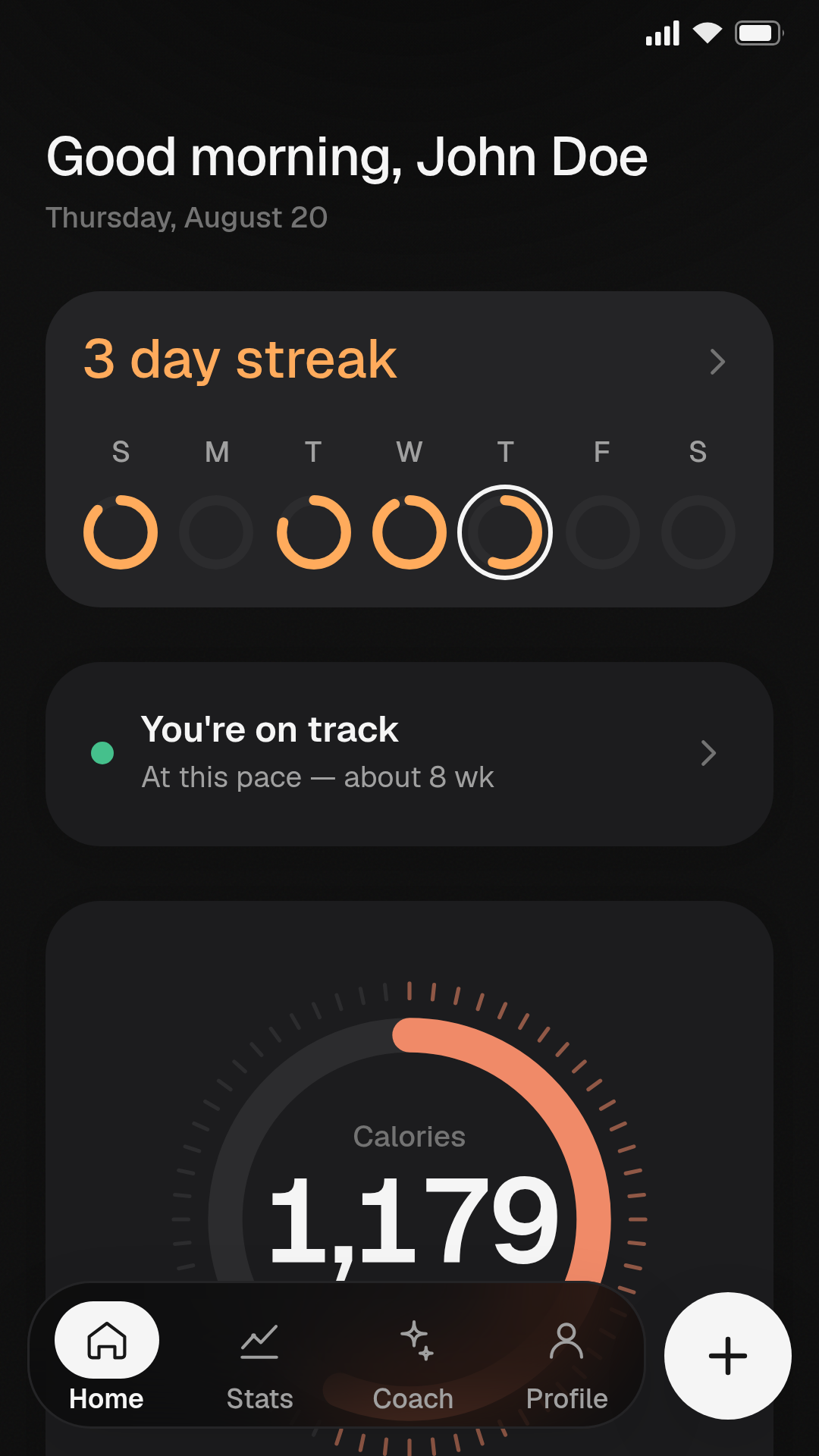 Calora AI home screen: a calorie ring showing 1,179 of 2,100 kcal and a three-day streak.